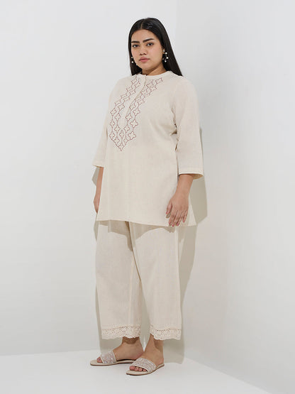 Diza Beige Embroidered Cotton-Blend Kurti