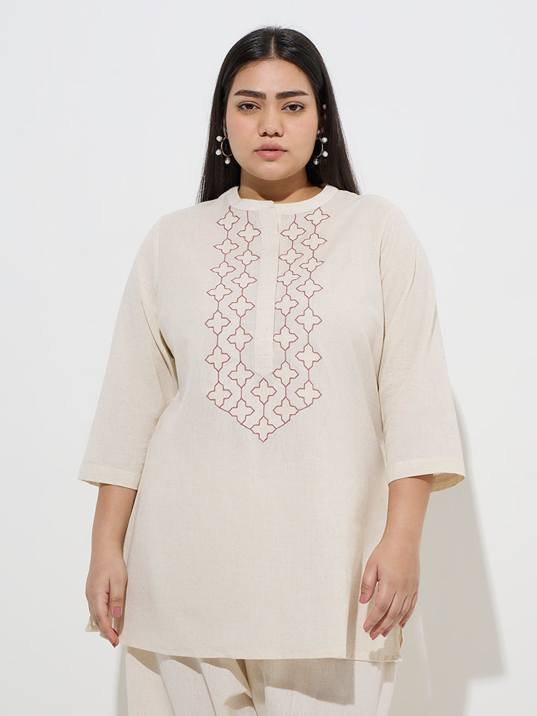 Diza Beige Embroidered Cotton-Blend Kurti