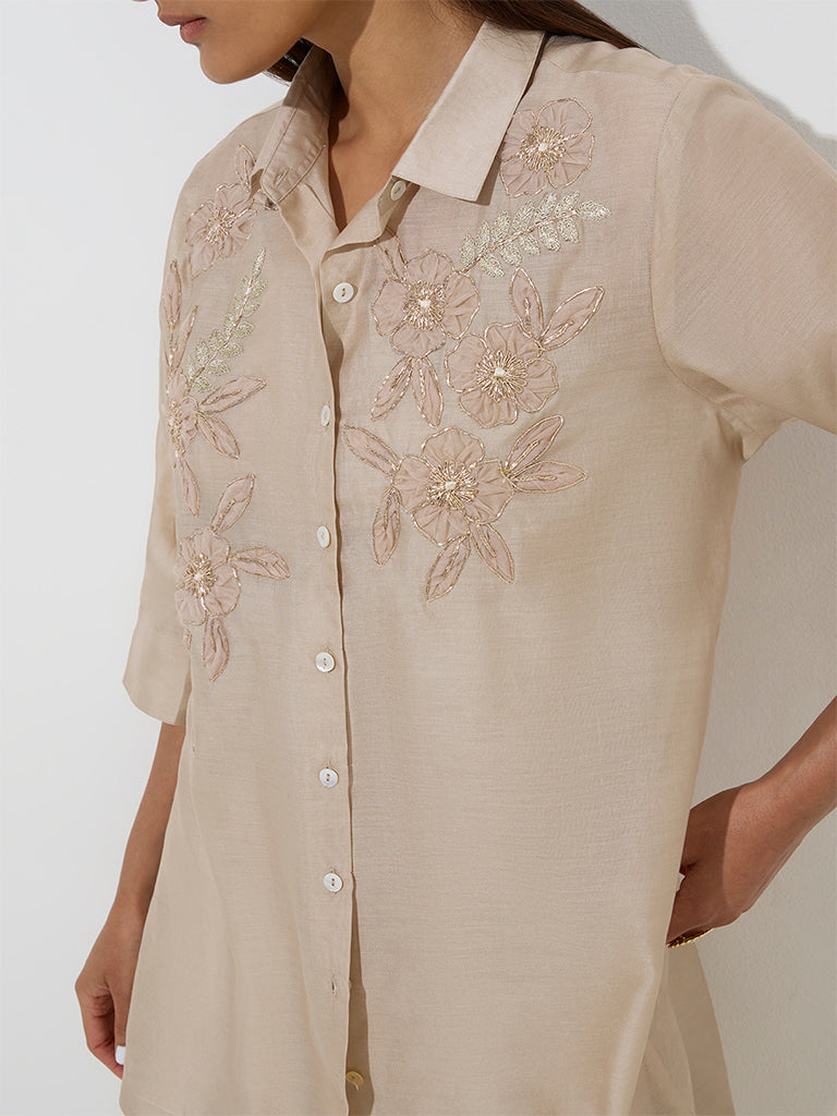 Vark Beige Floral Embellished Cotton-Blend Kurti with Inner