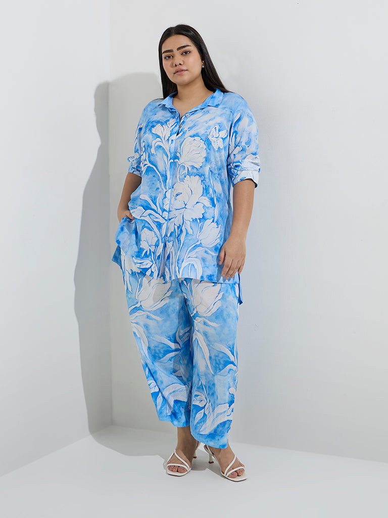 Diza Blue Floral Design High-Low Ethnic Tunic