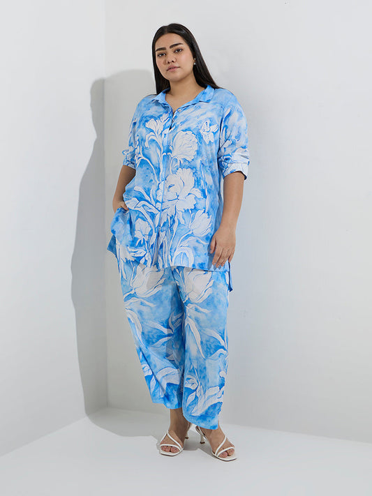 Diza Blue Floral Design High-Low Ethnic Tunic