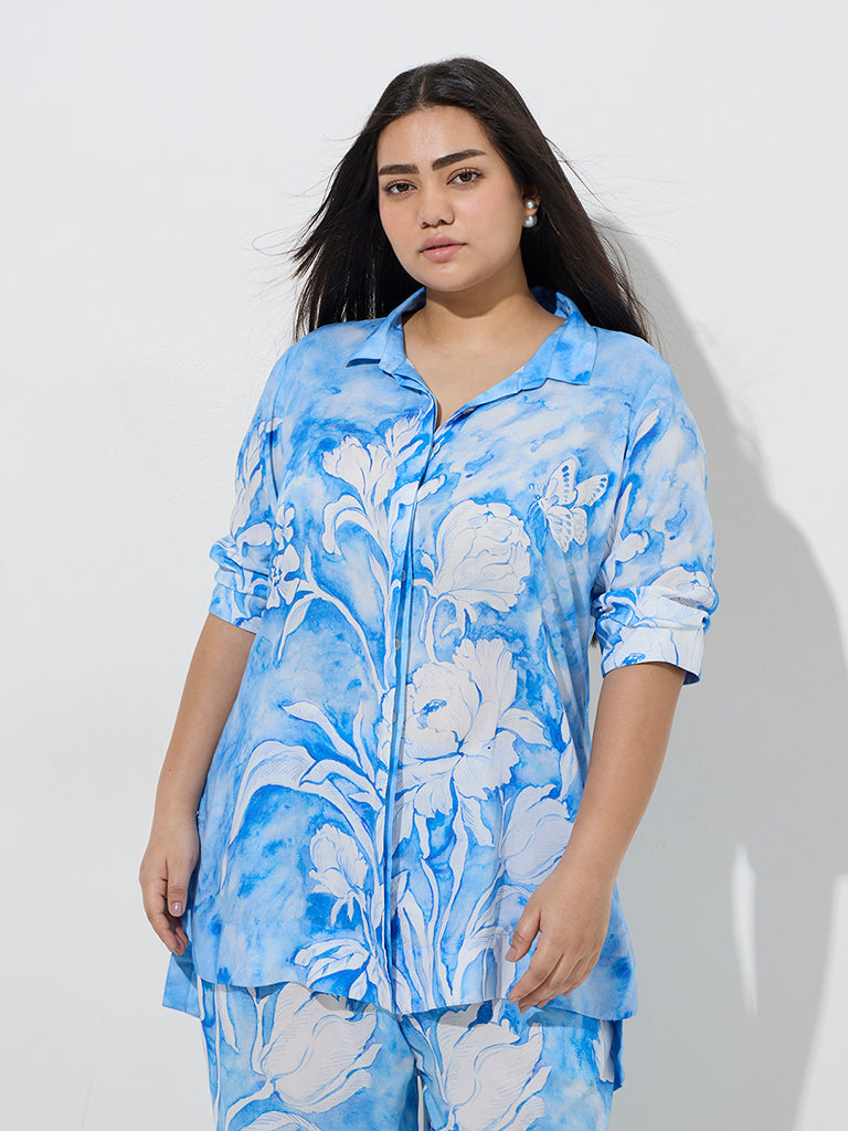 Diza Blue Floral Design High-Low Ethnic Tunic