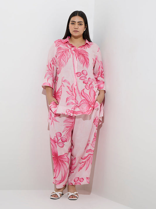 Diza Pink Foliage Printed High-Low Ethnic Tunic