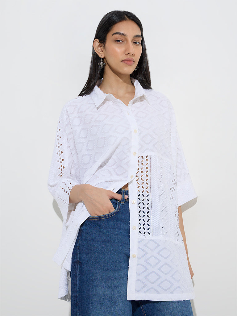 Utsa White Schiffli Detailed Cotton Tunic