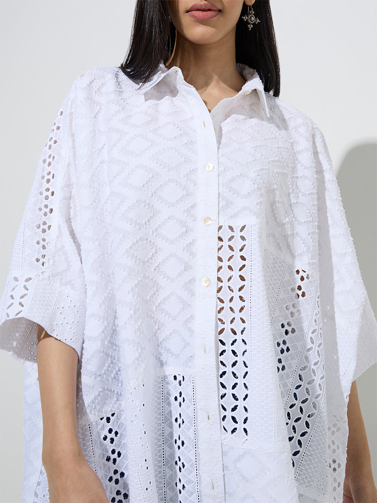 Utsa White Schiffli Detailed Cotton Tunic