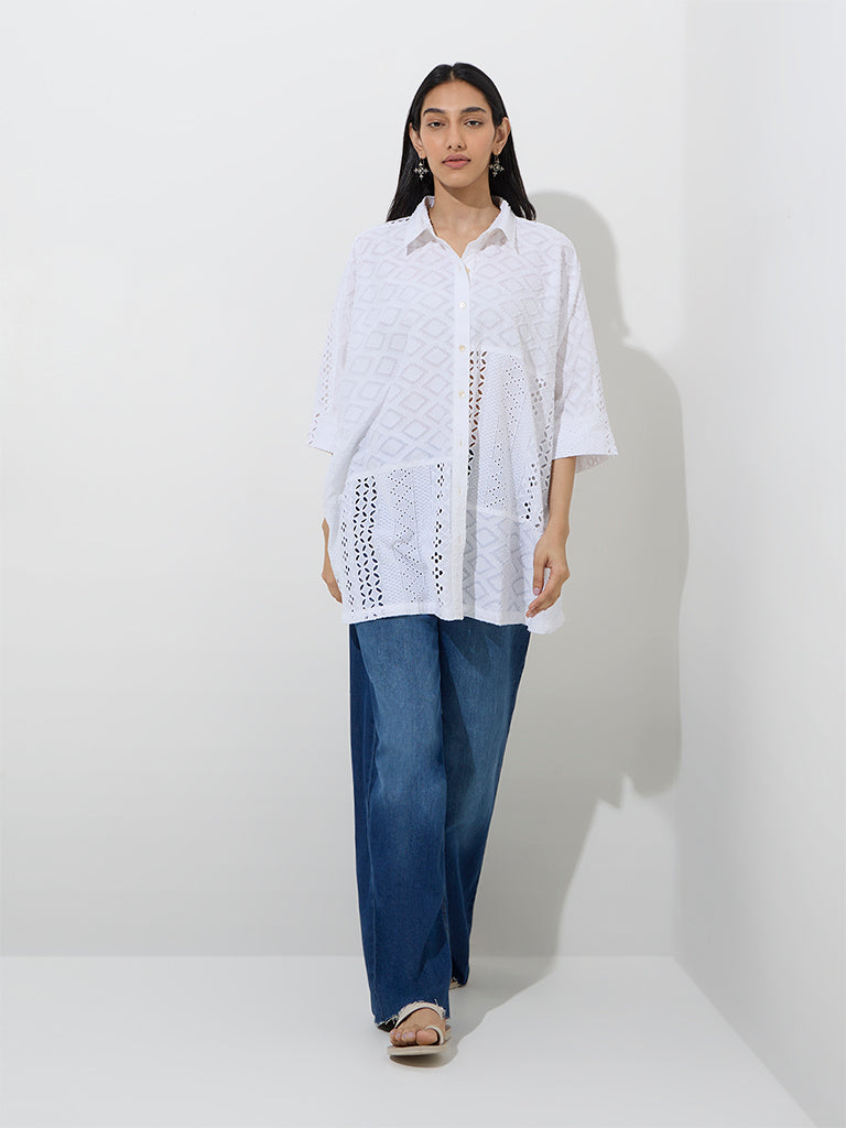 Utsa White Schiffli Detailed Cotton Tunic