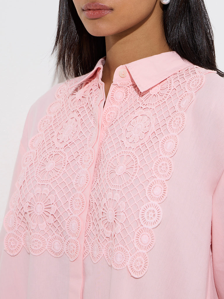 Utsa Pink Crochet-Detailed High-Low Cotton Kurti