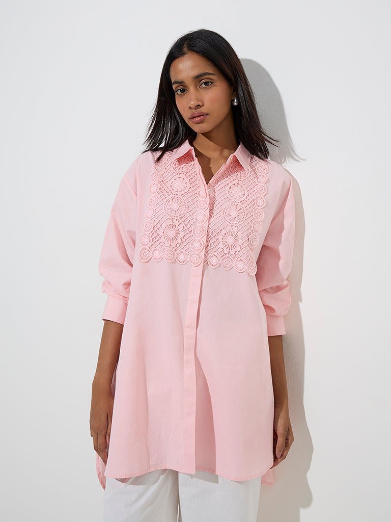 Utsa Pink Crochet-Detailed High-Low Cotton Kurti