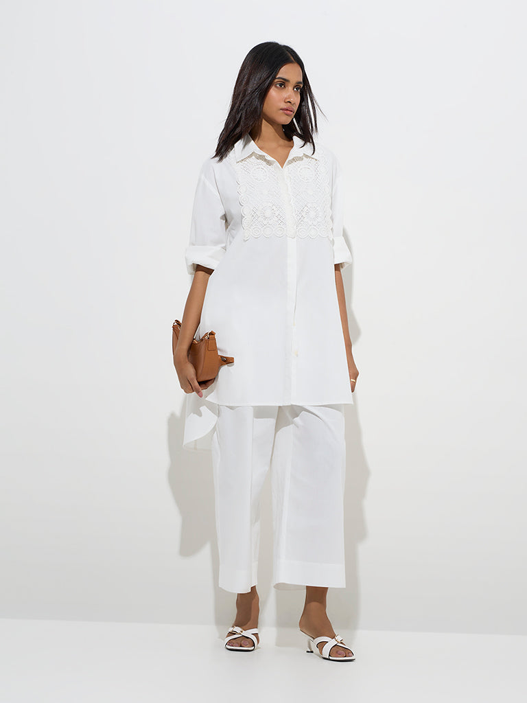 Utsa White Crochet-Detailed High-Low Cotton Kurti