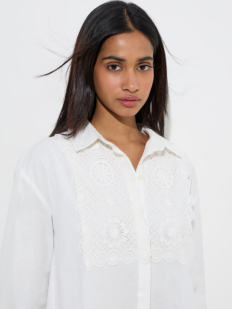 Utsa White Crochet-Detailed High-Low Cotton Kurti