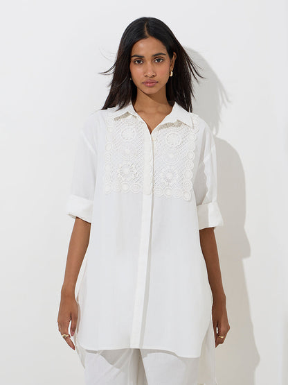 Utsa White Crochet-Detailed High-Low Cotton Kurti