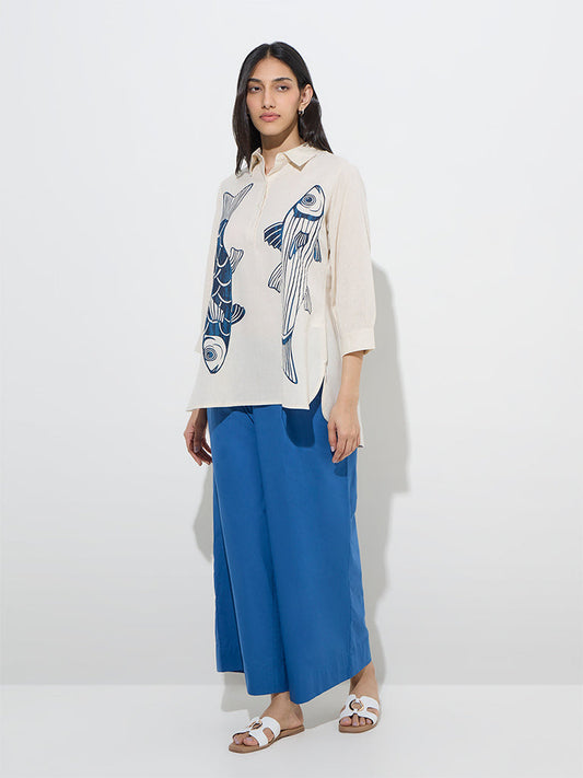 Utsa Indigo Fish Design Cotton-Blend Tunic