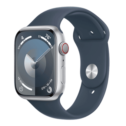 Apple Watch Series 9 GPS+Cellular with Storm Blue Sport Band - M/L (45mm Display, Silver Aluminium Case)