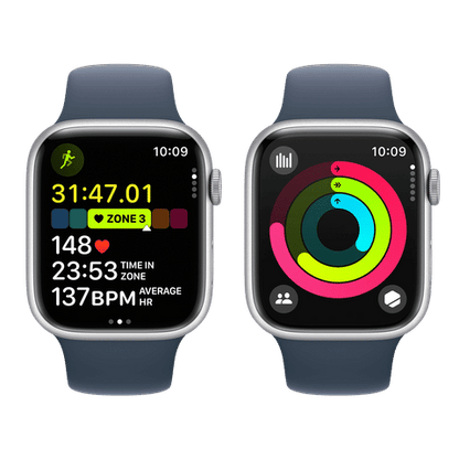 Apple Watch Series 9 GPS+Cellular with Storm Blue Sport Band - M/L (45mm Display, Silver Aluminium Case)