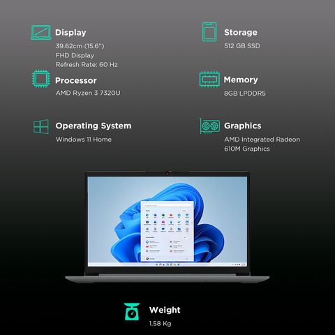 Lenovo ideapad 1 15AMN7 AMD Ryzen 3 (15.6 inch, 8GB, 512GB, Windows 11 Home, MS Office 2021, AMD Radeon, FHD Display, Cloud Grey, 82VG00ERIN)