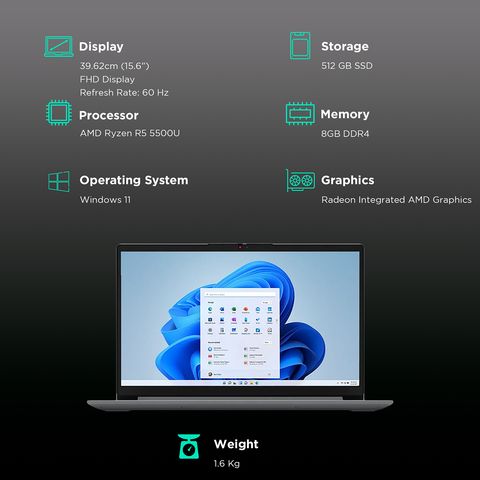 Lenovo IdeaPad 1 15ALC7 AMD Ryzen 5 (15.6 inch, 8GB, 512GB, Windows, MS Office 2021, AMD Radeon, Full HD Display, Graphite Grey, 82R400BSIN)