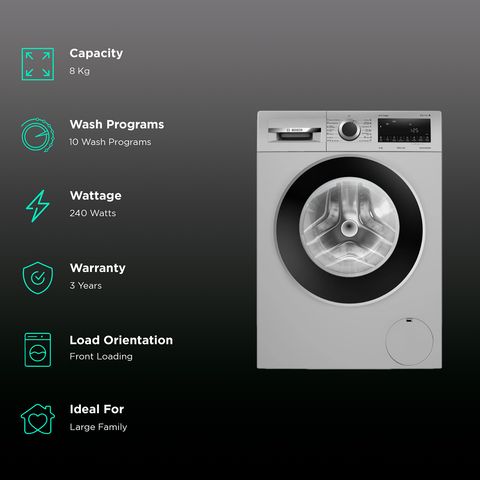 BOSCH 8 kg Fully Automatic Front Load Washing Machine (Serie 6, WGA1340TIN, 10 Wash Programs, Black Grey)P