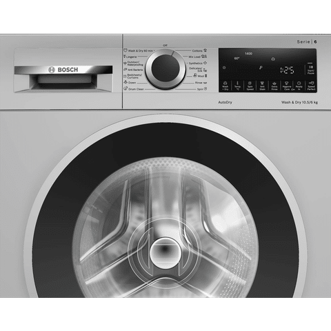 BOSCH 10.5/6 kg 5 Star Fully Automatic Front Load Washer Dryer(Series 6, WNA264U9IN, In-built Heater, Silver)