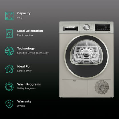 BOSCH 8 kg Fully Automatic Front Load Dryer (Series 4, WPG23108IN, LED Display, Silver Inox)