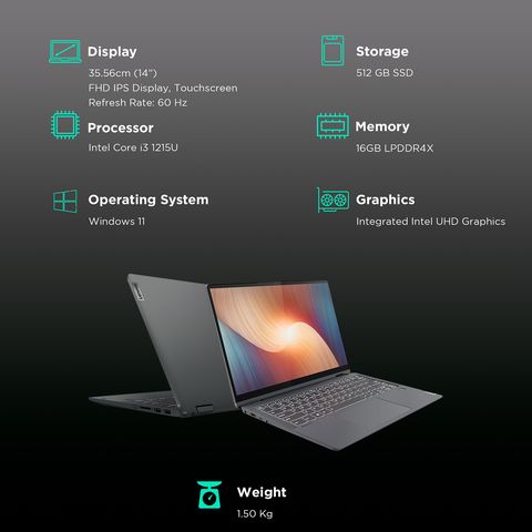 Lenovo IdeaPad Flex 5 14IAU7 Intel Core i3 12th Gen (14 inch, 8GB, 512GB, Windows 11 Home, MS Office 2021, Intel UHD, WUXGA IPS Display, Storm Grey, 82R700KHIN)