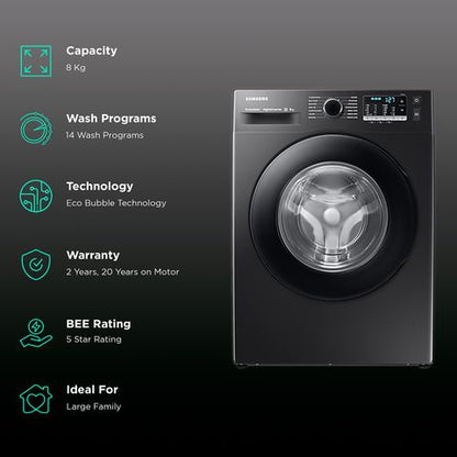 SAMSUNG 8 kg 5 Star Inverter Fully Automatic Front Load Washing Machine (WW80TA046AB1TL, Hygiene Steam, Diamond Drum, Black)