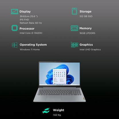 Lenovo IdeaPad Slim 3 15IRH8 Intel Core i5 13th Gen Laptop (16GB, 512GB SSD, Windows 11 Home, 15.6 inch Full HD IPS Display, MS Office 2021, Arctic Grey, 1.62 KG)