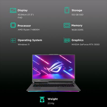 ASUS G713RC AMD Ryzen 7 Gaming Laptop (16GB, 512GB SSD, Windows 11 Home, 4GB Graphics, 17.3 inch 144 Hz Full HD Display, NVIDIA GeForce RTX 3050, MS Office 2021, Eclipse Gray, 2.5 KG)