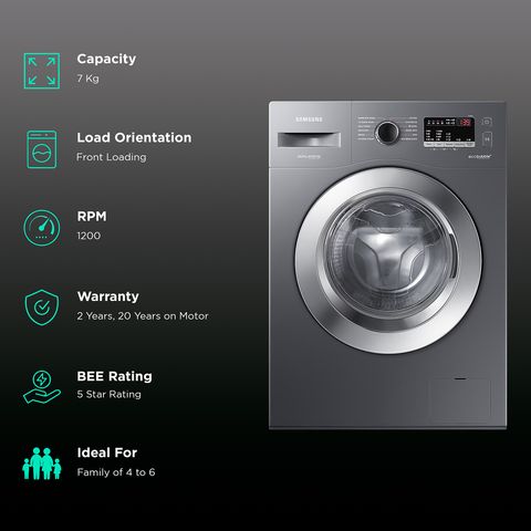 SAMSUNG 7 kg 5 Star Inverter Fully Automatic Front Load Washing Machine (WW70R22EK0X/TL, Eco Bubble Technology, Inox Grey)