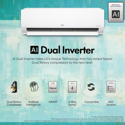 LG TS 6 in 1 Convertible 2 Ton 3 Star Dual Inverter Split AC with 4 Way Swing (2024 Model, Copper Condenser, TS-Q24ENXE)