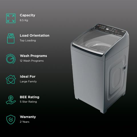 Whirlpool 8.5 kg 5 Star Fully Automatic Top Load Washing Machine (Stainwash Pro Plus, In-built Heater, Midnight Grey)