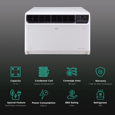 LG TW 4 in 1 Convertible 1.5 Ton 3 Star Dual Inverter Window Smart AC with 4 Way Swing (2024 Model, Copper Condenser, TW-Q18WWXA.ASLG)