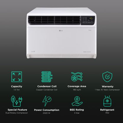 LG TW 4 in 1 Convertible 1.5 Ton 3 Star Dual Inverter Window Smart AC with 4 Way Swing (2024 Model, Copper Condenser, TW-Q18WWXA.ASLG)