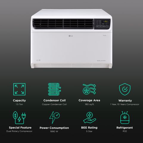 LG TW 4 in 1 Convertible 1.5 Ton 5 Star Dual Inverter Window Smart AC with Ocean Black Protection (2024 Model, Copper Condenser, TW-Q18WWZA.ASLG)