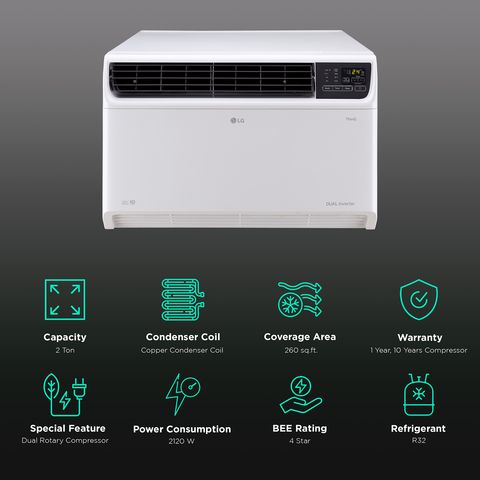 LG TW 4 in 1 Convertible 2 Ton 4 Star Dual Inverter Window Smart AC with Ocean Black Protection (2024 Model, Copper Condenser, TW-Q24WWYA.ASLG)