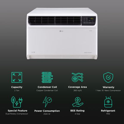 LG TW 4 in 1 Convertible 2 Ton 4 Star Dual Inverter Window Smart AC with Ocean Black Protection (2024 Model, Copper Condenser, TW-Q24WWYA.ASLG)