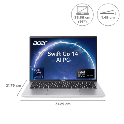 acer Swift Go 14 Intel Core Ultra 5 Touchscreen Thin and Light Laptop (16GB, 512GB SSD, Windows 11 Home, Shared Graphics, 14 inch WUXGA IPS Display, MS Office 2021, Pure Silver, 1.32 KG)