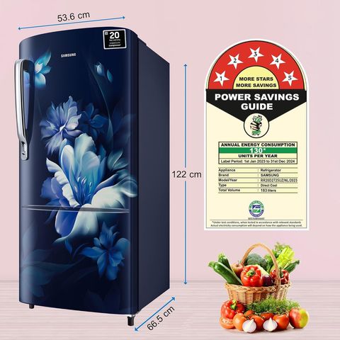 SAMSUNG 183 Litres 5 Star Direct Cool Single Door Refrigerator with Anti Bacterial Gasket (RR20D2725UZNL, Midnight Blossom Blue)