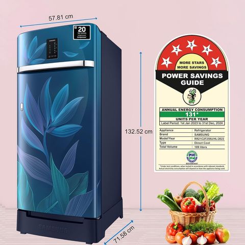 SAMSUNG 189 Litres 5 Star Direct Cool Single Door Refrigerator with Base Stand Drawer (RR21C2F259UHL, Paradise Bloom Blue)