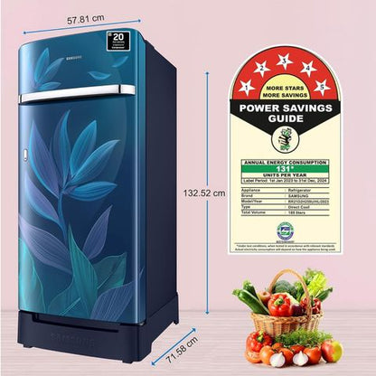 SAMSUNG 189 Litres 5 Star Direct Cool Single Door Refrigerator with Anti Bacterial Gasket (RR21D2H259UHL, Blue)