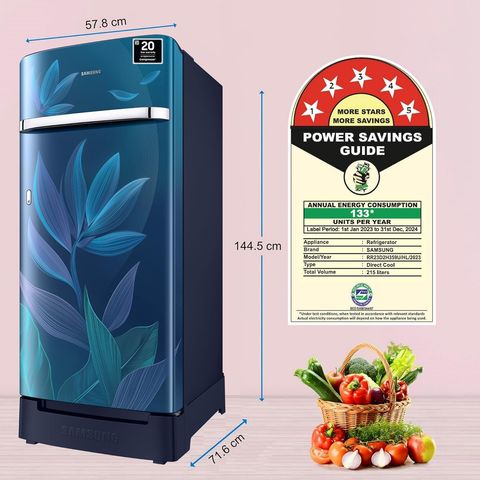 SAMSUNG 215 Litres 5 Star Direct Cool Single Door Refrigerator with Anti Bacterial Gasket (RR23D2H359UHL, Paradise Bloom Blue)