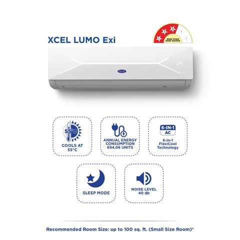 Carrier Xcel Lumo 6 in 1 Convertible 1 Ton 3 Star Inverter Split AC with Auto Cleanser (2024 Model, Copper Condenser, CAI12CL3R34F0)