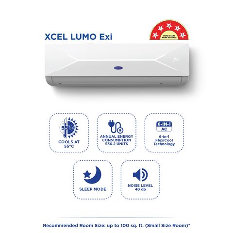 Carrier Xcel Lumo 6 in 1 Convertible 1 Ton 5 Star Inverter Split AC with Auto Cleanser (2024 Model, Copper Condenser, CAI12CL5R34F0)