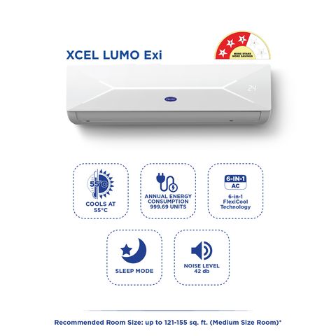 Carrier Xcel Lumo 6 in 1 Convertible 1.5 Ton 3 Star Inverter Split AC with Auto Cleanser (2024 Model, Copper Condenser, CAI18CL3R34F0)