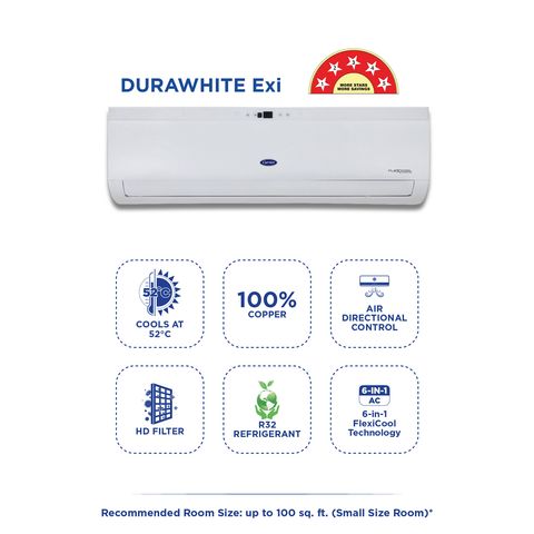 Carrier Durawhite Exi 6 in 1 Convertible 1 Ton 5 Star Inverter Split AC with Auto Cleanser (2024 Model, Copper Condenser, CAI12DH5R34F0)