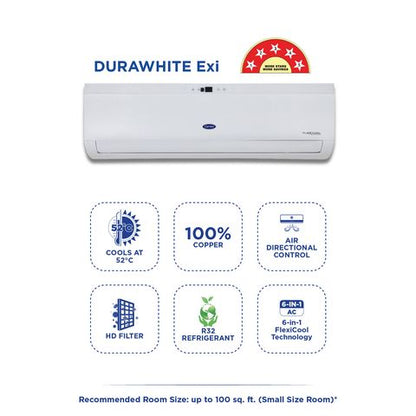 Carrier Durawhite Exi 6 in 1 Convertible 1 Ton 5 Star Inverter Split AC with Auto Cleanser (2024 Model, Copper Condenser, CAI12DH5R34F0)