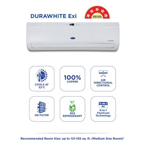 Carrier Durawhite Exi 6 in 1 Convertible 1.5 Ton 5 Star Inverter Split AC with Auto Cleanser (2024 Model, Copper Condenser, CAI18DH5R34F0)