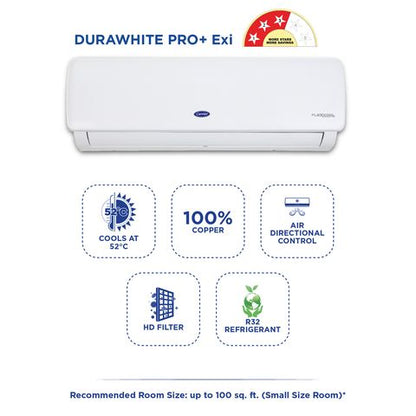 Carrier Durawhite Pro+ Exi 6 in 1 Convertible 1 Ton 3 Star Inverter Split AC with Auto Cleanser (2024 Model, Copper Condenser, CAI12DR3R33F0)