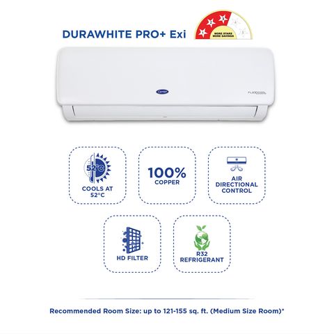 Carrier Durawhite Pro+ Exi 6 in 1 Convertible 1.5 Ton 3 Star Inverter Split AC with Auto Cleanser (2024 Model, Copper Condenser, CAI18DR3R34F0)