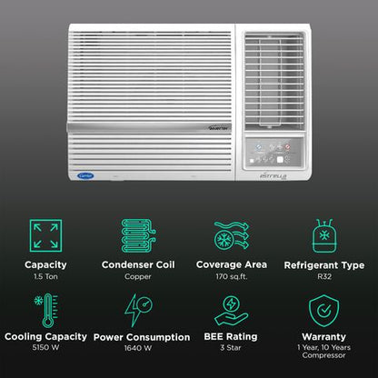 Carrier ESTRELLA EXi 1.5 Ton 3 Star Inverter Window AC (2024 Model, Copper Condenser, Dust Filter, CIW18EC3R34F0)