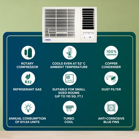 Blue Star L Series 0.8 Ton 3 Star Fixed Speed Window AC (2024 Model, Copper Condenser, Dust Filter, WFD309L)